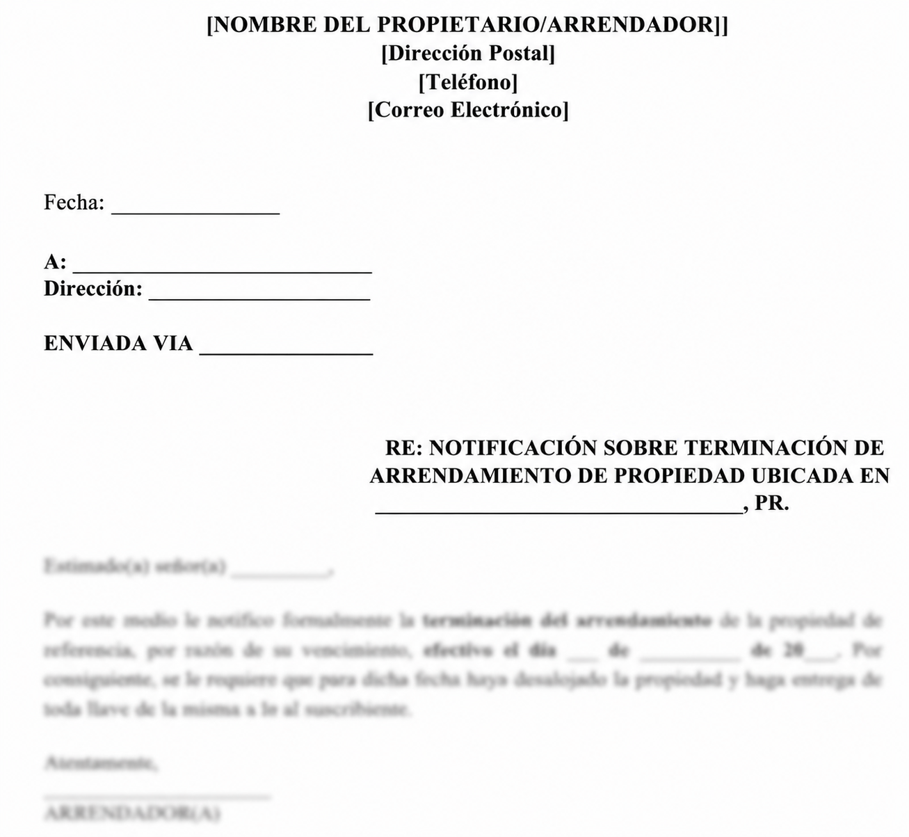 CARTA SOBRE LA TERMINACIÓN DE CON UN CONTRATO DE ARRENDAMIENTO POR RAZÓN DE SU VENCIMIENTO