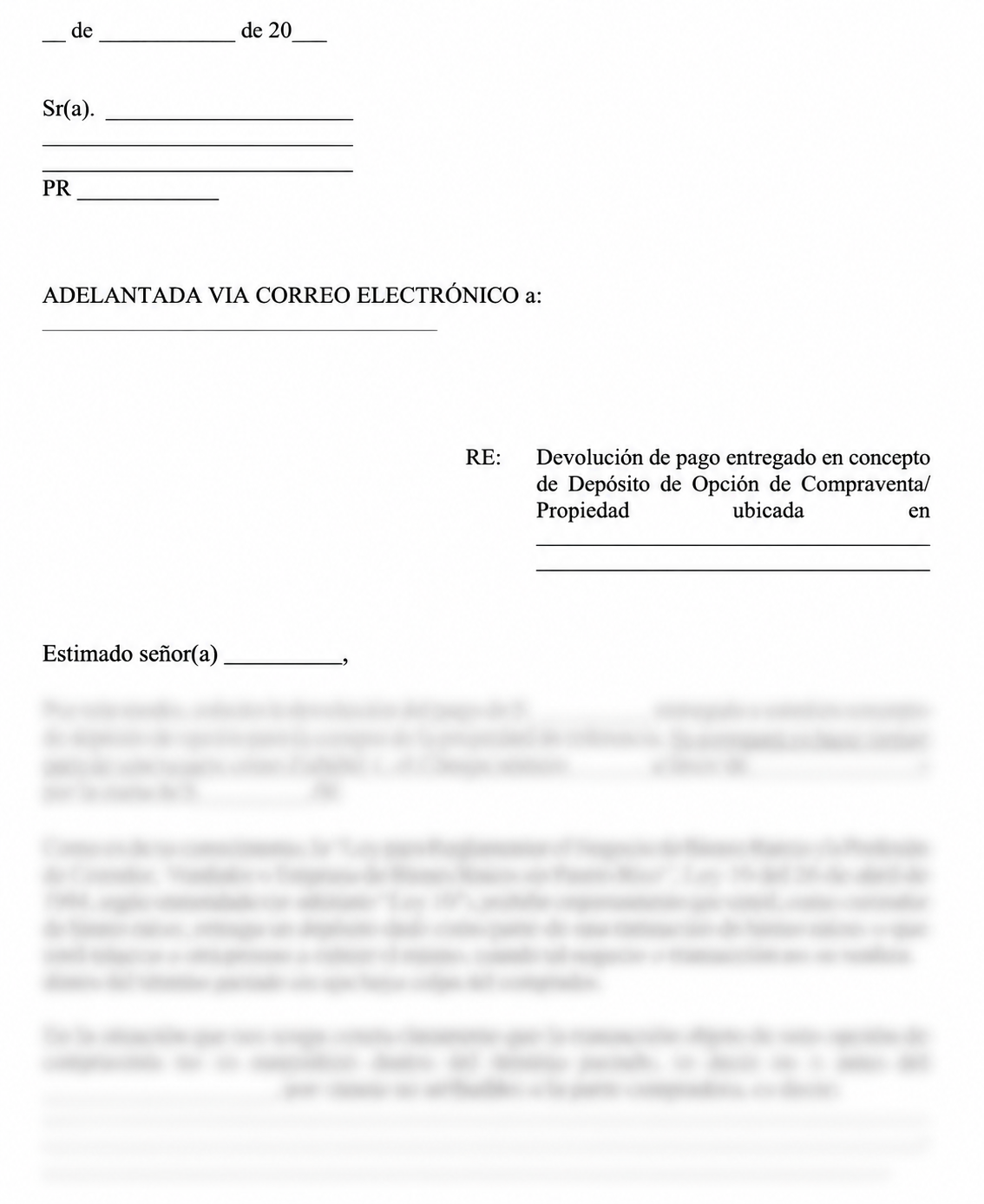 CARTA PARA RECLAMAR DEVOLUCIÓN DE DEPÓSITO DE OPCIÓN DE COMPRAVENTA