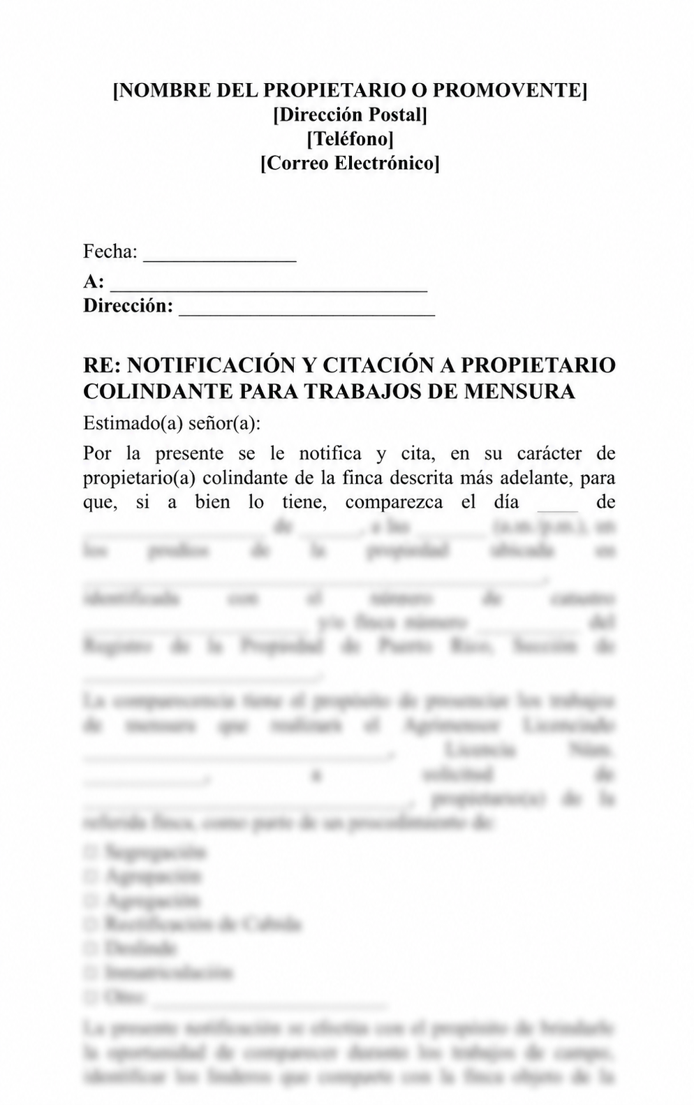 Carta/Citación a Colindantes  + Certificación de Notificación