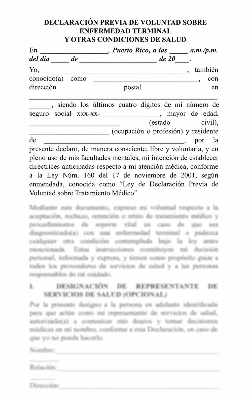 Declaración Previa de Voluntad sobre Enfermedad Terminal y Otras Condiciones de Salud